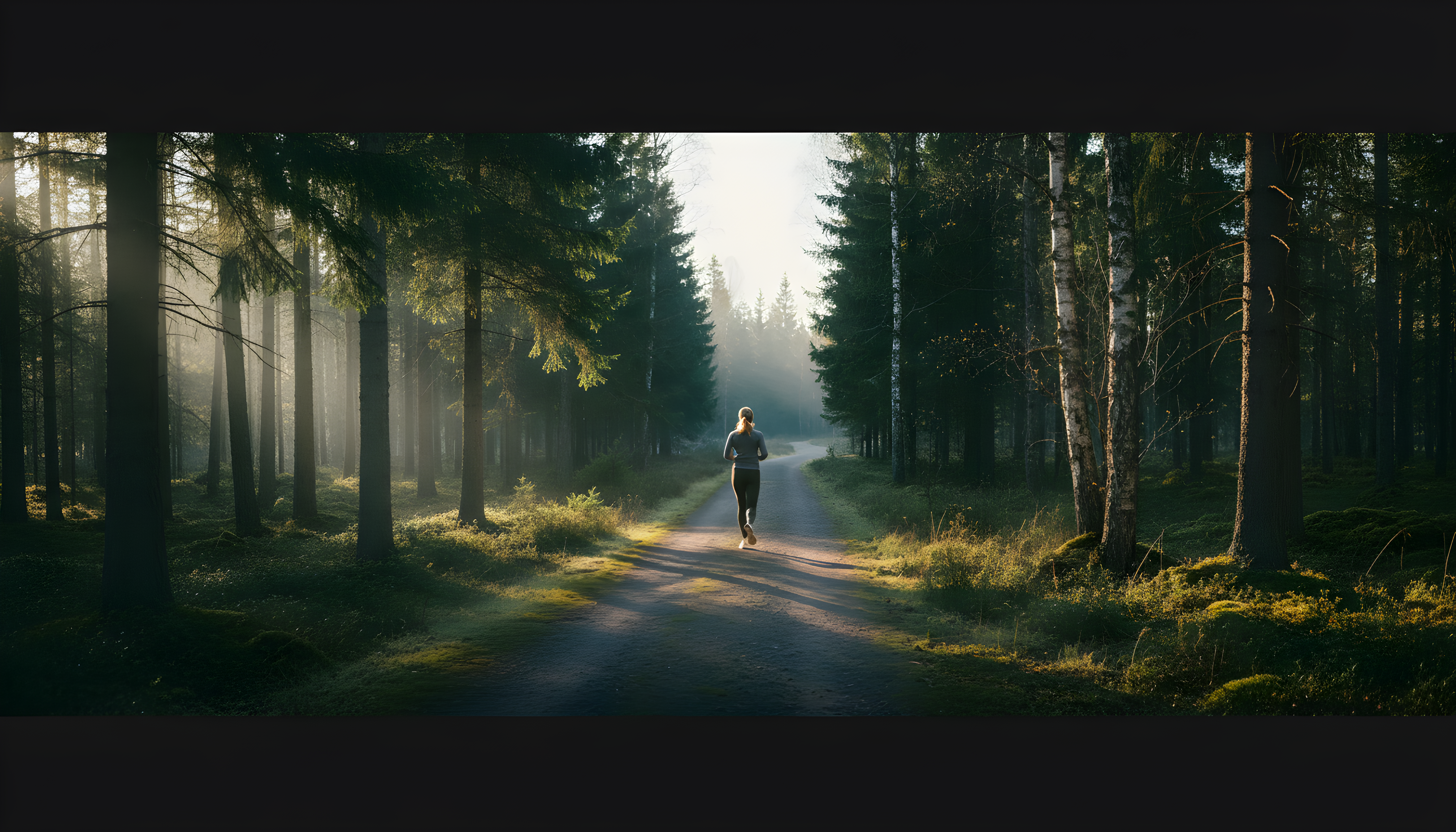 Kvinna som springer i skogen och tränar i lugn miljö för bättre hälsa och återhämtning